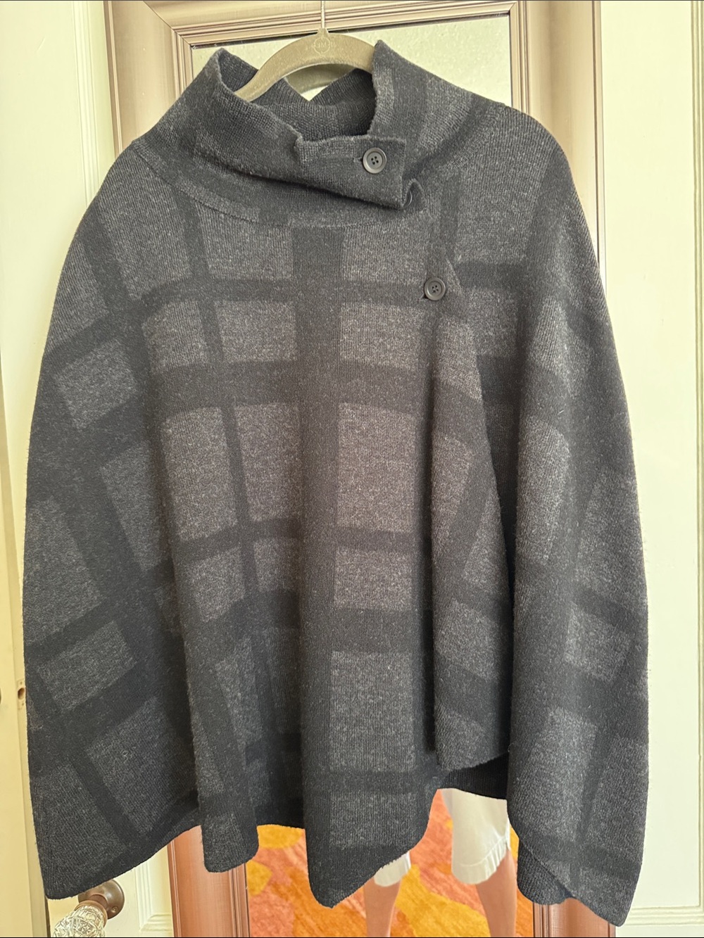 Eileen Fisher Gray Checked Button-Front Poncho